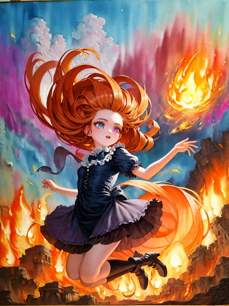 This is an image of a girl with long red hair. She is wearing a blue and black dress. She is jumping in mid air with one hand outstretched. There is a fireball in the palm of her outstretched hand. The background is a sky full of clouds and the ruins of a city.