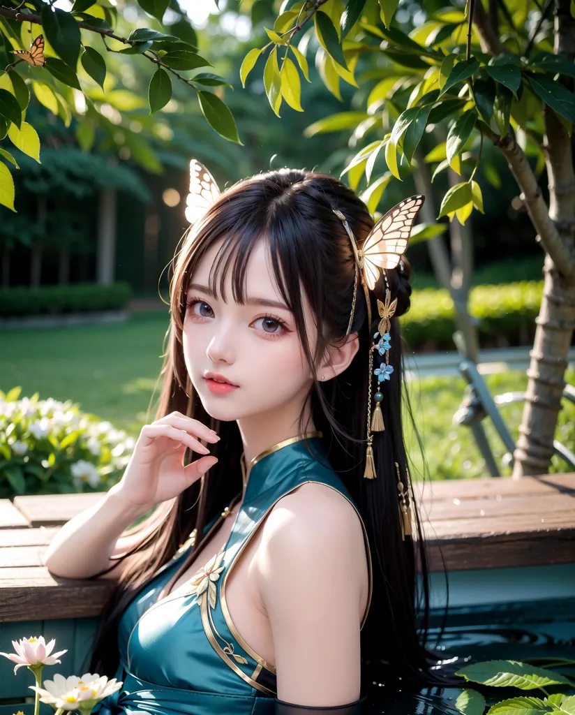 The picture shows a young woman with long black hair and bangs. She is wearing a green cheongsam with gold trim. There are two butterflies in her hair and she is surrounded by green leaves. She is sitting on a wooden bench in a garden and there are white and pink flowers in the background.