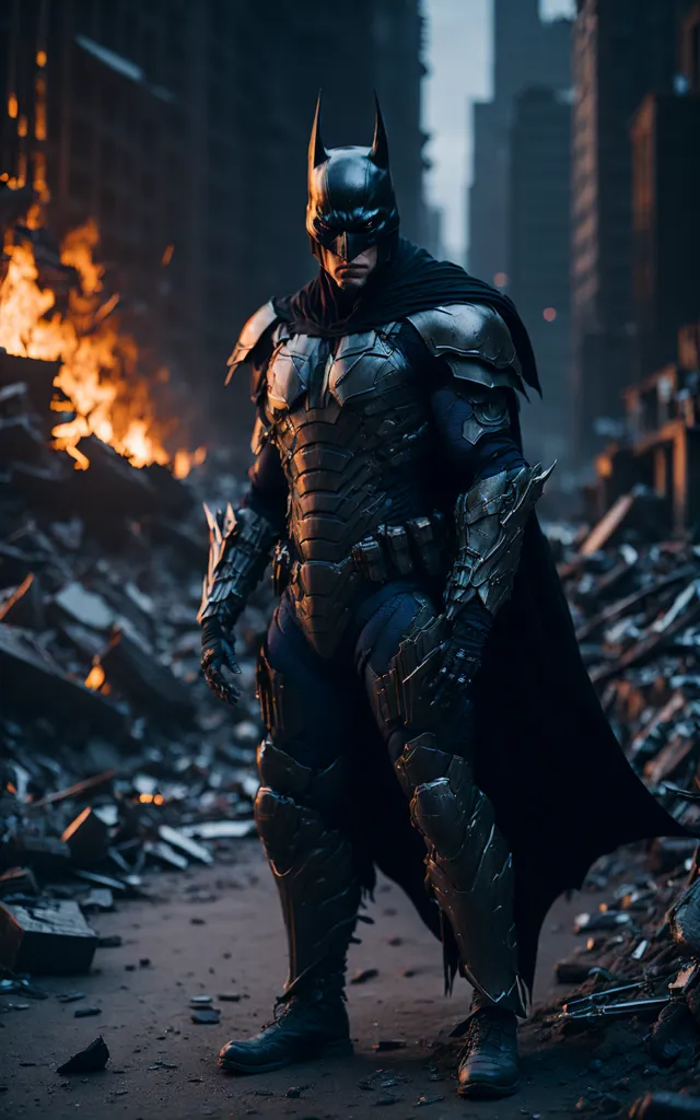 The image shows Batman standing in a destroyed city. He is wearing a black and gray suit of armor and a black cape. His cowl is pulled down low over his face, and his eyes are narrowed in determination. The city is in ruins, with buildings collapsed and debris everywhere. There is a fire burning in the background, and the sky is dark and cloudy. Batman is standing in the middle of all this destruction, and he looks like he is ready to take on whatever comes his way.