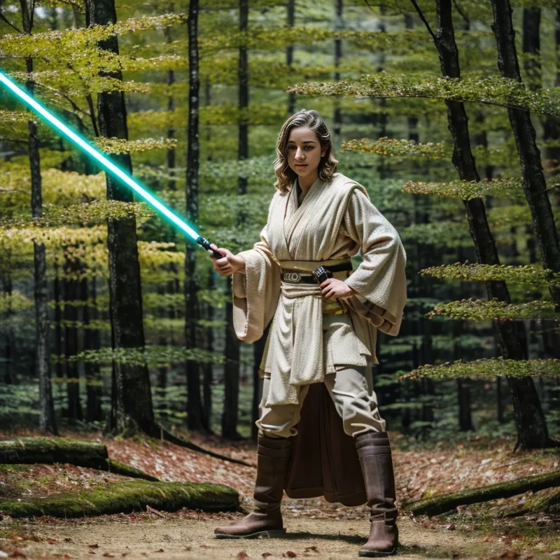 A imagem mostra uma jovem mulher vestida com uma túnica de Jedi, segurando um sabre de luz verde em um cenário de floresta. Ela está em posição de prontidão, preparada para o combate. O fundo é um borrão de árvores e folhagem.