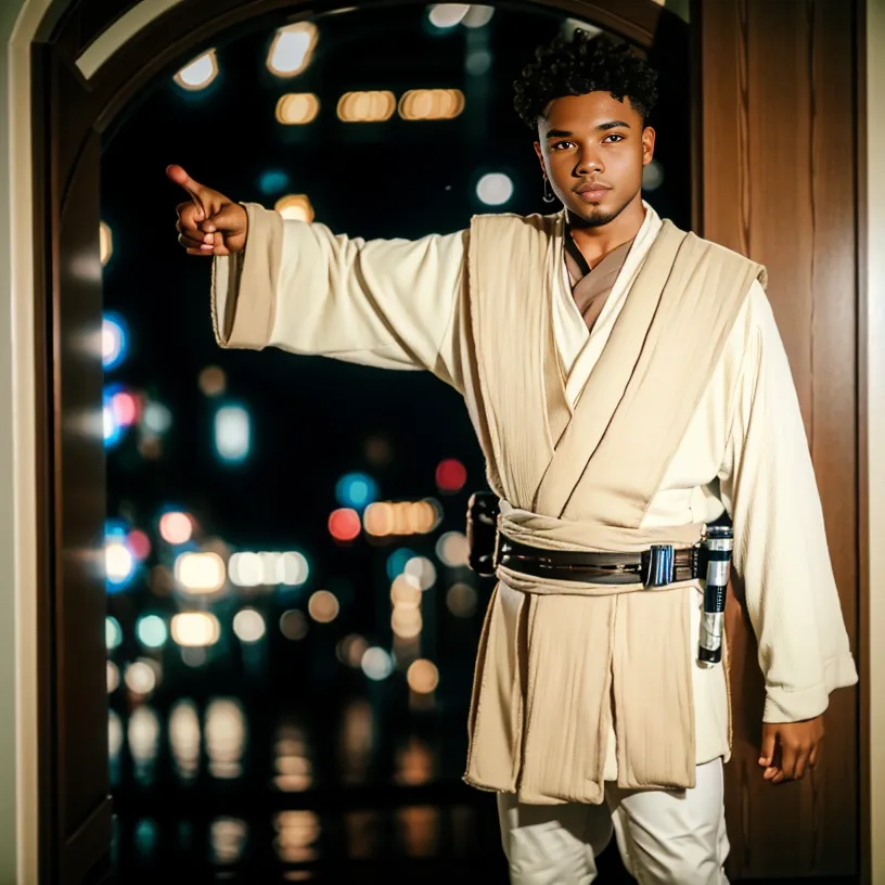 Esta é uma fotografia de um jovem homem negro vestido com um traje de Jedi de Star Wars. Ele está em pé em frente a uma porta, com a mão direita levantada no ar, como se estivesse usando a Força. Ele está usando uma túnica branca com um cinto marrom, e há um sabre de luz preso ao cinto. Ele tem uma expressão séria no rosto.