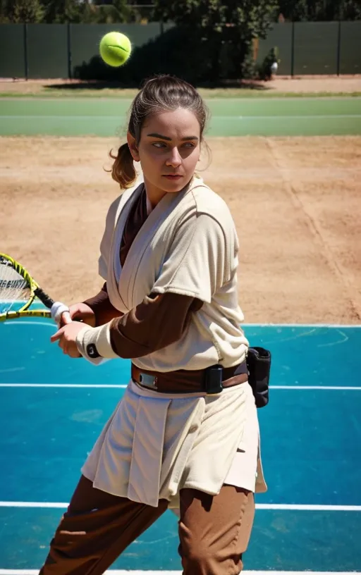 The image shows a young woman dressed in a Star Wars Jedi costume, playing tennis. She is wearing a tan tunic, brown belt, and brown pants. She is holding a tennis racket in her right hand and is about to hit a tennis ball with it. The ball is in the air and is just above her head. She has her head turned to the side and is looking at the ball. She is standing on a tennis court with green turf and blue hard court lines. There is a green fence in the background with trees behind it.