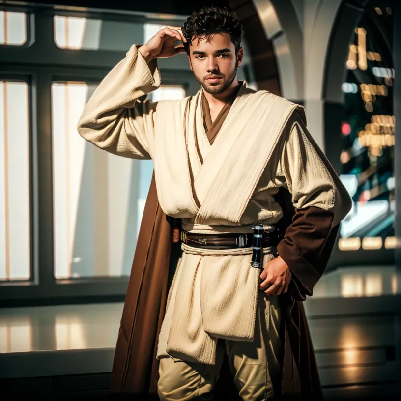 Esta es una foto de un hombre joven vestido con un traje de Jedi de Star Wars. Lleva una túnica beige con un cinturón marrón y una capa marrón. Tiene un sable de luz sujeto al cinturón. Está de pie en una habitación con un fondo futurista.