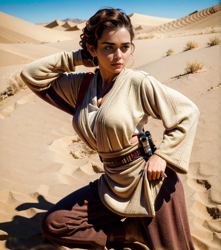 The image shows a young woman dressed in a beige and brown outfit. She is kneeling in the desert, with one hand on her hip and the other holding a blaster. She has a confident expression on her face.