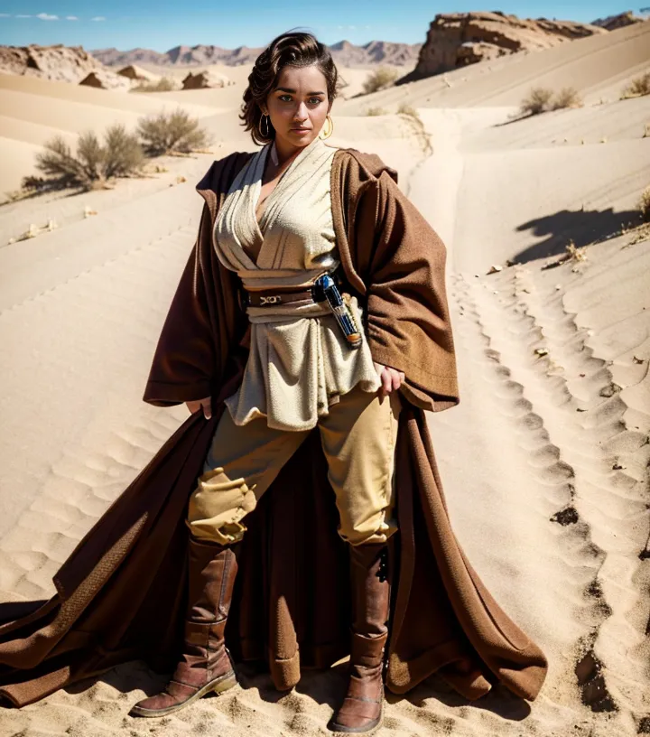 The image shows a young woman dressed in a Star Wars Jedi costume. She is standing in a desert landscape, with sand dunes in the background. She is wearing a brown Jedi robe, with a beige tunic underneath. She is also wearing brown boots and a brown belt. She has a lightsaber in her right hand. She is looking at the camera with a serious expression.