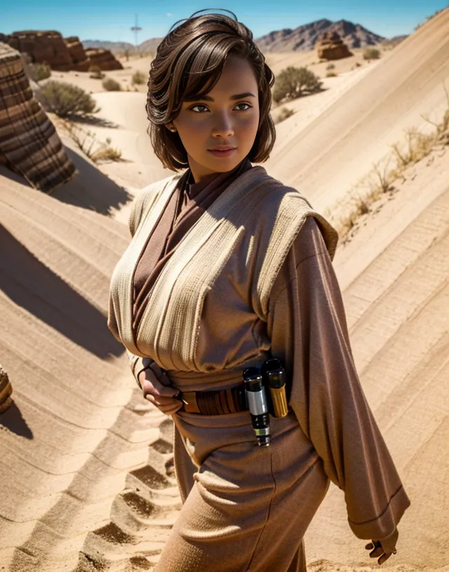 The image shows a young woman dressed in a beige Jedi robe standing in a desert canyon. She has a lightsaber attached to her belt. The canyon is surrounded by rocky cliffs and the sand is a light tan color. The sky is clear blue with a few faint clouds in the distance.