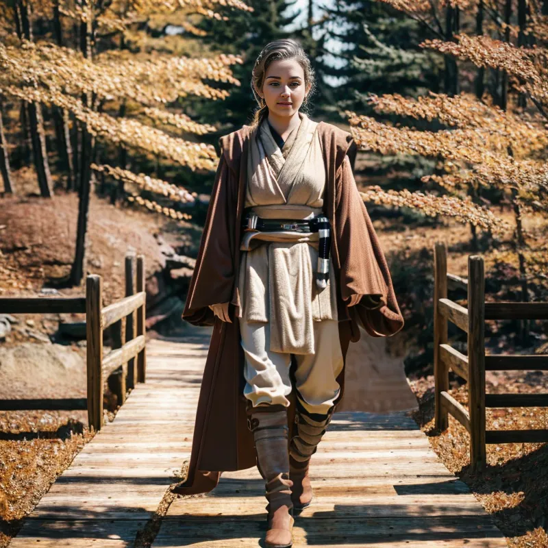 The image shows a young woman dressed in a Jedi robe. The robe is brown and has a hood. The woman is also wearing a brown belt and brown boots. She has her hair in a bun and is carrying a lightsaber. The woman is standing on a wooden bridge in a forest. The trees in the forest are bare. The woman is looking at the camera.