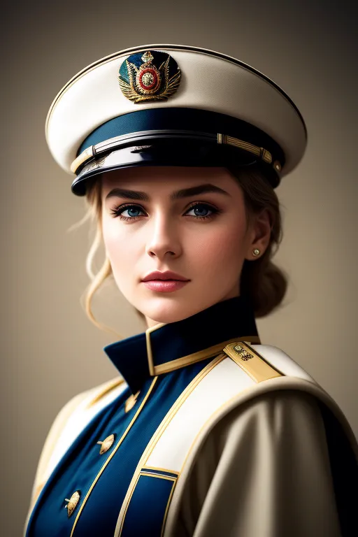 This is an image of a young woman in a military uniform. She is wearing a white hat with a blue band and a gold badge. The hat has a black visor. She is also wearing a white jacket with blue trim and gold buttons. There is a row of medals on the left side of the jacket. She has blonde hair and blue eyes. She is looking at the camera with a serious expression.