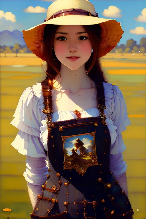 This image shows a young woman wearing a wide-brimmed, tan-colored straw hat and a white blouse with puffy sleeves. The blouse is partially untucked and the bottom of it is ruffled. She is wearing a pair of dark-colored overalls with bronze buttons and buckles. There is a small, golden-framed painting of a rural scene pinned to the chest of the overalls. The woman has long, brown hair and brown eyes, and there is a slight blush on her cheeks. She is standing in a grassy field on a sunny day with a slight breeze blowing. There are trees and mountains in the distance and a few puffy white clouds in the sky.