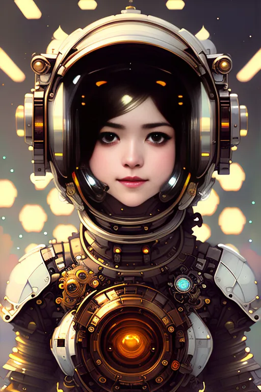 Esta é uma imagem de uma menina jovem em um traje espacial com o capacete colocado. O traje espacial é branco e dourado e tem um capacete de bolha transparente. A menina tem cabelos escuros e olhos castanhos e está olhando para o espectador. Há luzes no fundo da imagem que estão desfocadas.