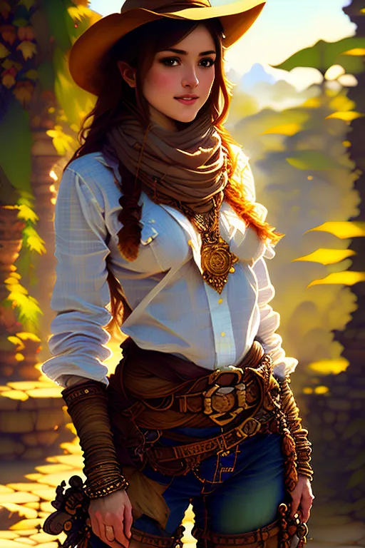 This image shows a young woman, probably in her 20s, dressed in an adventurous outfit. She is wearing a brown cowboy hat, a white button-down shirt, and a brown scarf around her neck. She also has a brown belt with a large gold buckle and several pouches attached to it. She is wearing jeans and brown boots. She has a gun in her right hand and is looking at the camera with a confident expression. She is standing in a lush jungle setting with green plants and trees all around her.