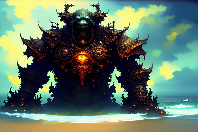 The image shows a giant monster standing on the beach. The monster is made of metal and has a skull-like head with two large horns. It is wearing a suit of armor and has a large glowing eye in its chest. The monster is standing in the ocean, and the waves are crashing against its legs. The sky is cloudy, and the sun is shining through the clouds.