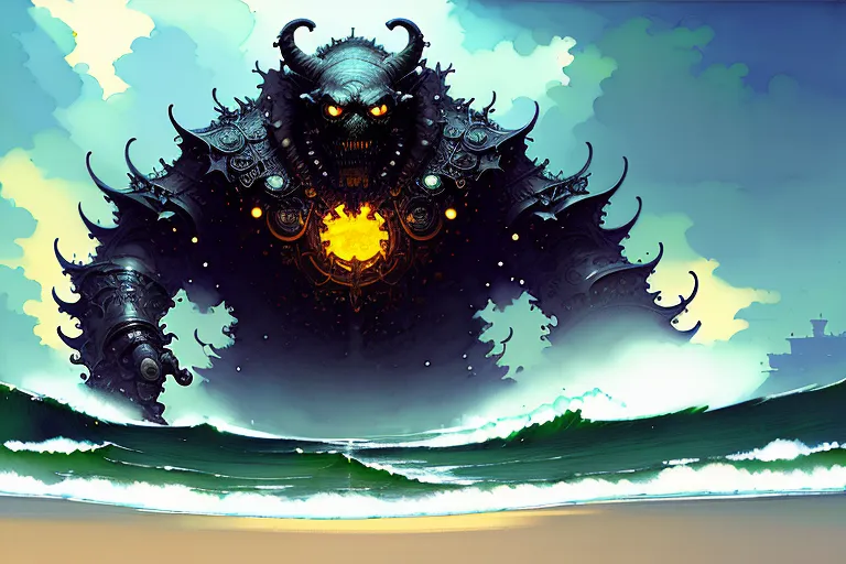 The image shows a giant sea monster rising out of the ocean. The monster has black scales, sharp teeth, and a long tail. It is standing on the beach, and the waves are crashing against its legs. In the background, there is a ship sailing away from the monster. The sky is cloudy, and the sun is shining through the clouds.