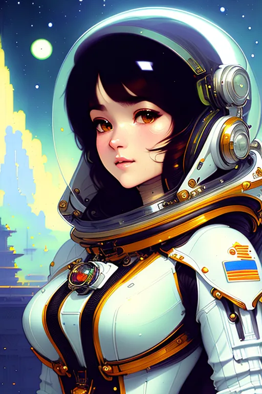 Ceci est une image d'une jeune fille dans une combinaison spatiale avec son casque. Elle a les cheveux bruns et les yeux bruns. La combinaison spatiale est blanche et dorée, et porte le drapeau de l'Ukraine sur la manche. Il y a une ville à l'arrière-plan et une lune dans le ciel.