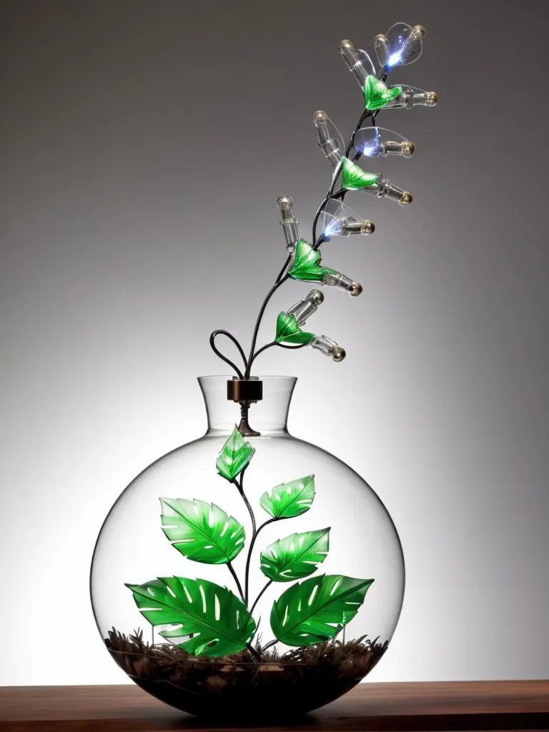 L'image montre une plante à l'intérieur d'un vase en verre rond. La plante a des feuilles vertes et des fleurs blanches. Les feuilles sont en plastique ou un autre matériau synthétique, et les fleurs sont en verre ou en plastique. La plante est éclairée par une lumière vive, qui se reflète sur les feuilles et les fleurs. L'arrière-plan est de couleur gris clair. Le vase est posé sur une table en bois.