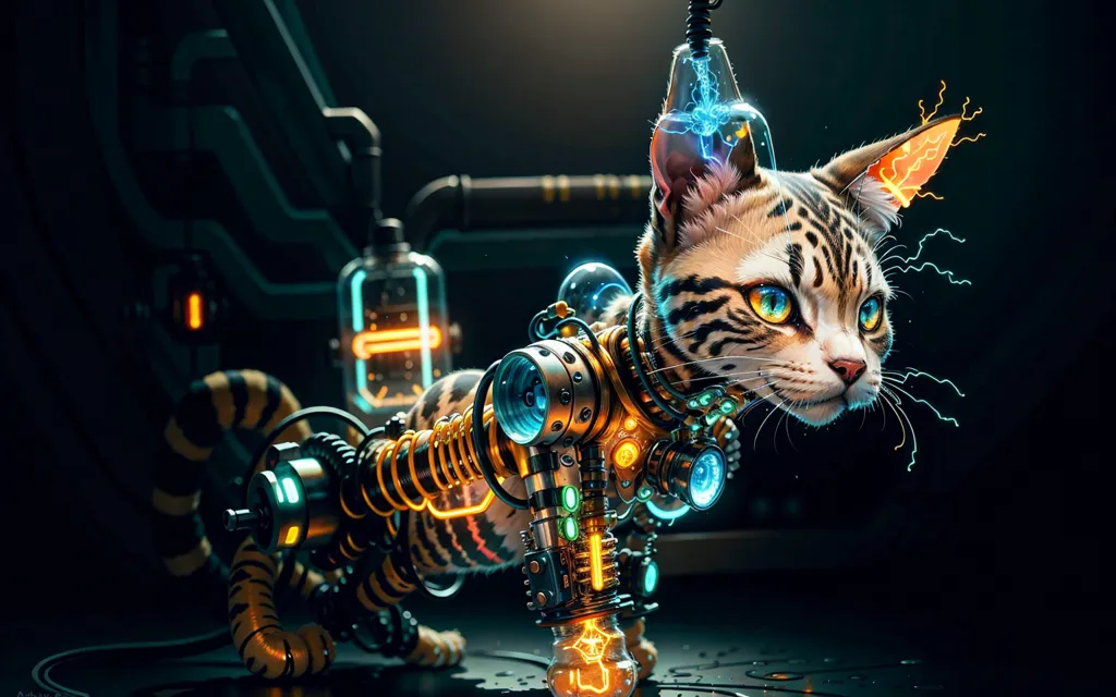 La imagen es una pintura digital de un gato. El gato está de pie sobre una mesa y hay varios dispositivos eléctricos y cables a su alrededor. El pelaje del gato es blanco con rayas negras y sus ojos son amarillos. El cuerpo del gato está hecho principalmente de metal y tiene una variedad de cables y tubos conectados a él. El gato también lleva un collar con una pequeña bombilla adjunta. El fondo de la imagen es oscuro y hay un foco de luz que ilumina al gato.