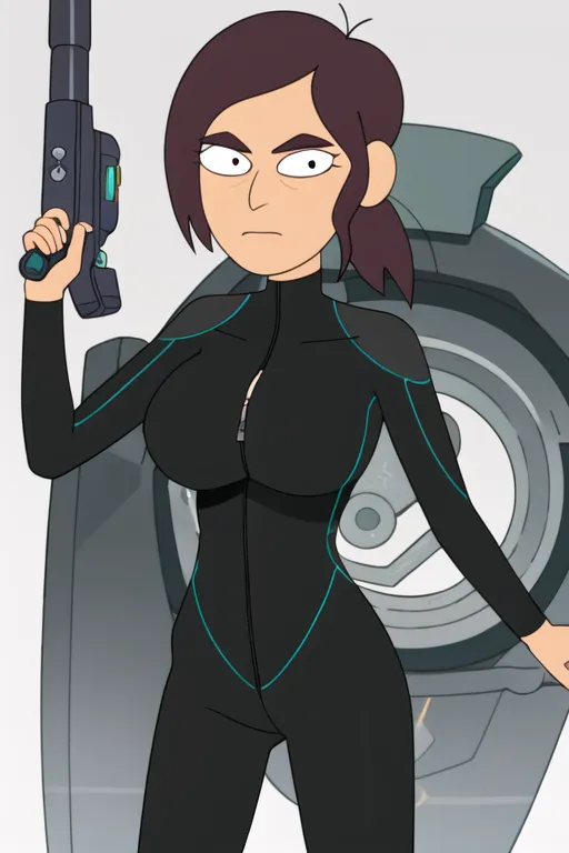 This is an image of a cartoon character. She is wearing a black jumpsuit with blue highlights. She is also wearing a utility belt and has a gun in her hand. She has brown hair and brown eyes. She is standing in front of a grey background with a large grey and teal machine behind her.