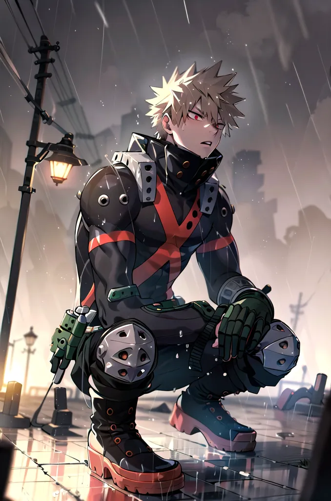 The image is of a young man with spiky blond hair and red eyes. He is wearing a black and red jumpsuit with a large X on the front. He is also wearing a pair of goggles and a pair of gloves. He is kneeling on the ground in a fighting stance. The background is a rainy cityscape.