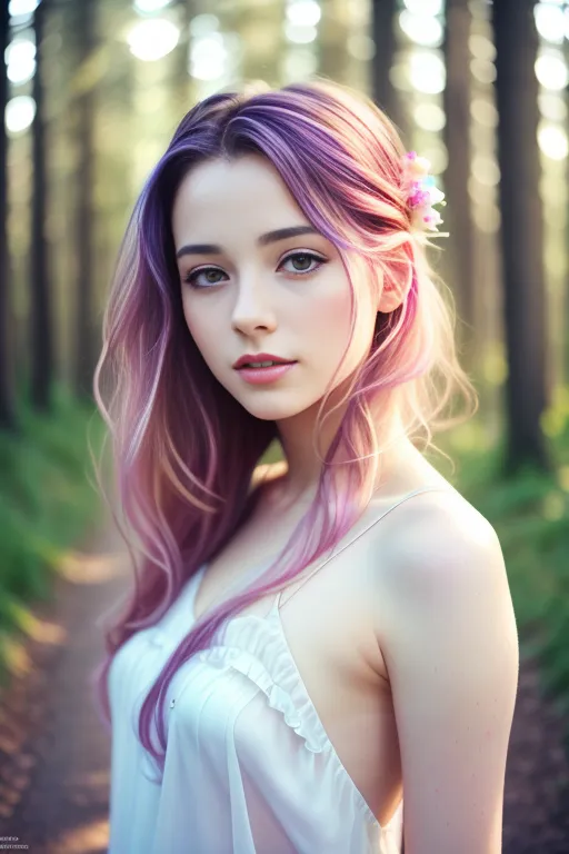 L'image montre une belle jeune femme aux longs cheveux ondulants. Ses cheveux sont un mélange de violet, de rose et de blond, et elle porte une couronne de fleurs sur la tête. Elle porte une robe blanche et sa peau est parfaite. Elle se tient debout dans une forêt, et le soleil brille à travers les arbres.