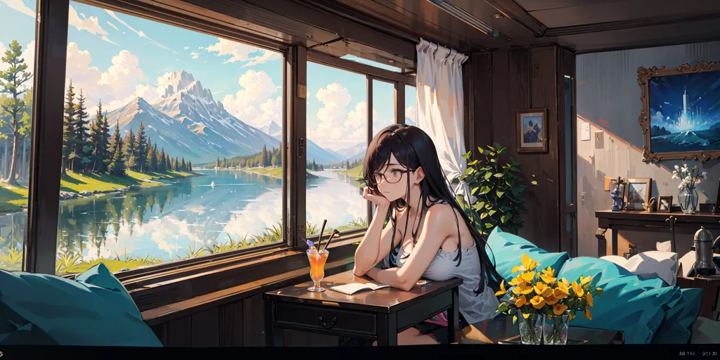 The image is of a young woman sitting at a table in a house. She is looking out the window at a beautiful mountain landscape. The sky is blue and the sun is shining. The woman is wearing a casual outfit and has her hair tied up. She is holding a pen and writing in a notebook. There is a vase of flowers on the table. The house is decorated with paintings and other objects.