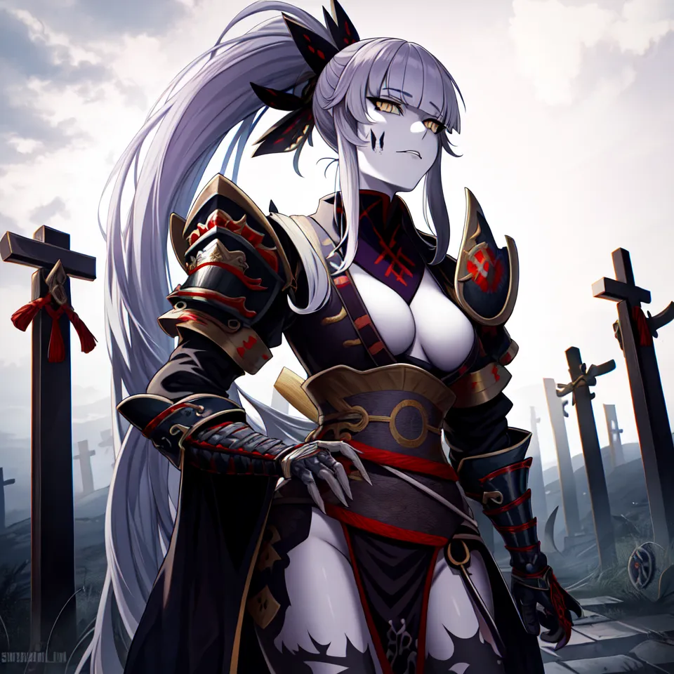 A imagem mostra uma personagem feminina com cabelos brancos longos e olhos roxos. Ela está vestindo uma armadura de samurai preta e vermelha com um haori branco. Ela também está usando um par de botas pretas e tem um lenço vermelho amarrado em torno do pescoço. Ela está em pé em um campo de lápides com uma expressão séria no rosto.