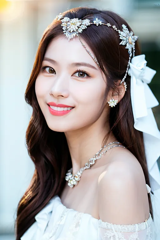 The picture shows a young woman with long brown hair and a gentle smile. She is wearing a white off-the-shoulder dress and a beautiful silver and crystal headpiece. The woman's makeup is natural, with a light pink blush and a glossy nude lip. Her eyes are dark brown and her eyebrows are perfectly arched. She is wearing a delicate silver necklace and a pair of diamond earrings. The woman's hair is styled in loose waves and she has a soft, ethereal glow about her. She is standing in front of a blurry white background, which makes her look like she is floating on air. The picture is taken at a close-up angle, which allows the viewer to see the woman's beauty in great detail.