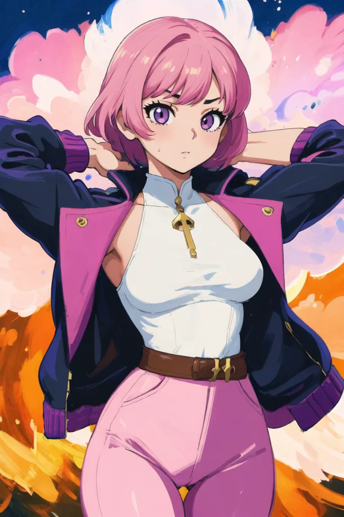 The image is an anime-style illustration of a young woman with pink hair and purple eyes. She is wearing a white tank top, a pink jacket, and pink pants. She is standing in front of a colorful background with her hands on her head.