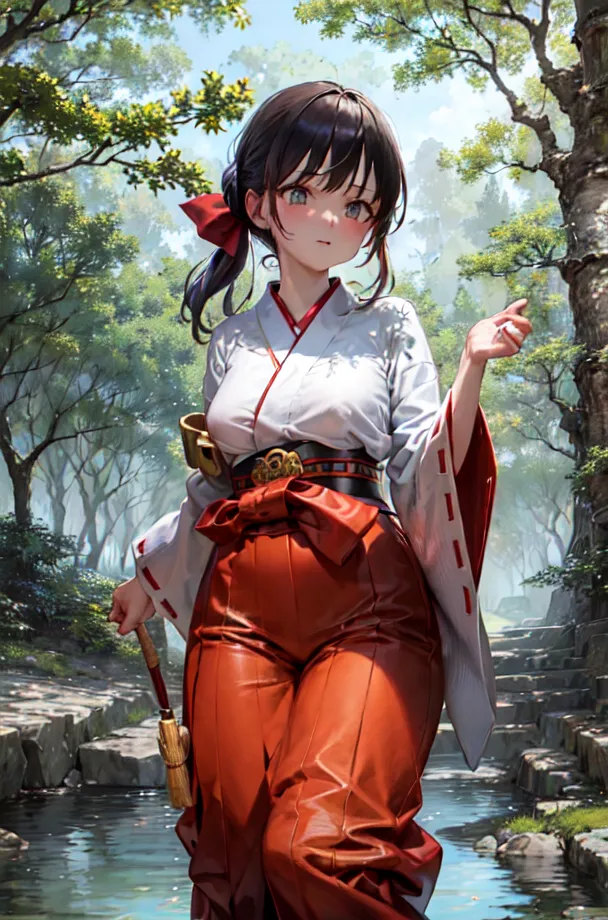 The image shows a young woman, with long dark brown hair tied back in a ponytail with a red ribbon, wearing a white and red kimono with a red and gold obi. She is standing in a forest, with a small river to her right, holding a broom. The background is blurry, with trees and a blue sky.