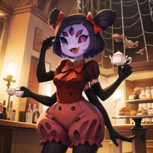 L'image représente Muffet, un personnage de l'jeu indépendant "Undertale". C'est une créature ressemblant à une araignée avec des cheveux noirs et des yeux rouges. Elle porte une robe rouge et blanche avec un grand nœud sur la poitrine. Elle a six bras, dont deux tiennent des tasses de thé. Elle se tient dans une pièce avec une table remplie de pâtisseries derrière elle.