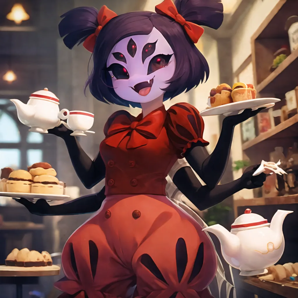 The image is of Muffet from the indie game Undertale. She is a spider-like creature with the head of a young woman. She is wearing a red dress with a white apron. She has four arms, two of which are holding teapots and the other two are holding plates of pastries. She is standing in a kitchen, surrounded by shelves of food.