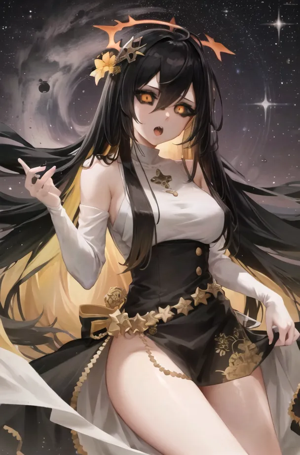 The image is of a young woman with long black hair and yellow eyes. She is wearing a black and white dress with a yellow flower in her hair. She is standing in front of a starry night sky with a large moon in the background. The woman is looking at the viewer with a surprised expression on her face.