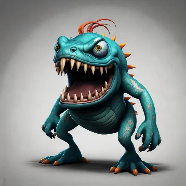 The image shows a blue cartoon monster. It has sharp white teeth, yellow eyes, and a spiky orange mane. The monster is standing on two legs and has a hunched back. Its body is covered in scales, and it has sharp claws on its hands and feet. The monster is growling and looks like it is ready to attack.