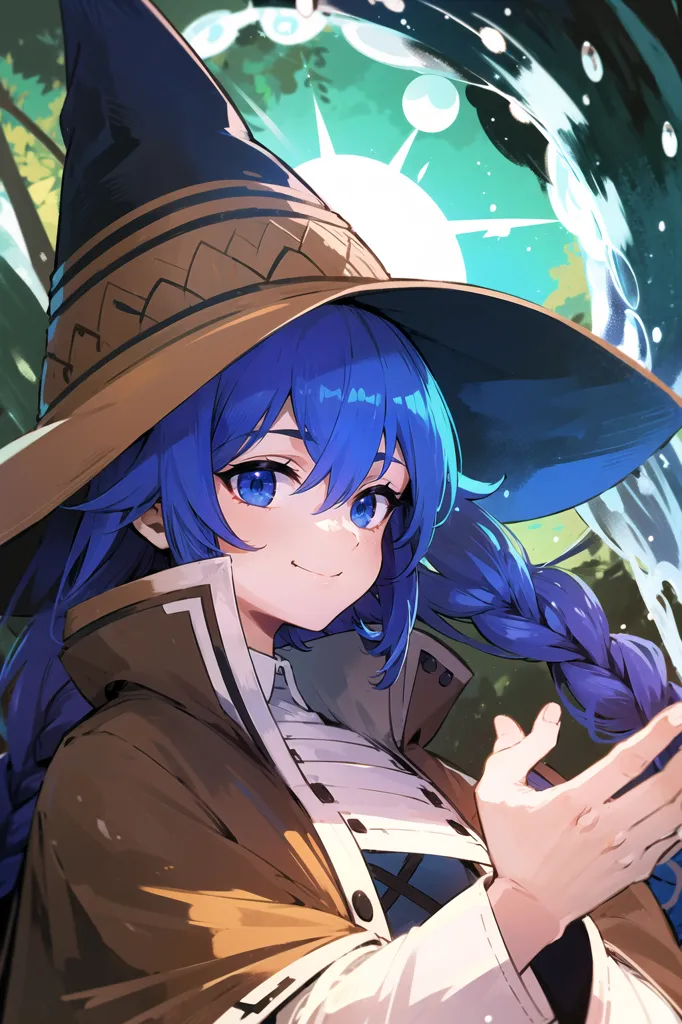 This is an image of a young woman with long blue hair and blue eyes. She is wearing a brown witch hat and a brown coat with a white shirt underneath. She has a friendly smile on her face and is holding her hand out in front of her. She is standing in a forest with green trees and a blue pond behind her.