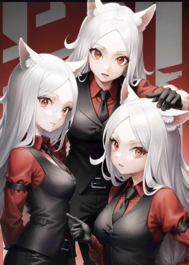 The image shows three anime-style girls with white hair and red eyes. They are all wearing black suits and red ties. The girl in the middle is taller than the other two and has her hand on the head of the girl to her right. The girl to the left is making a pointing gesture with her right hand.