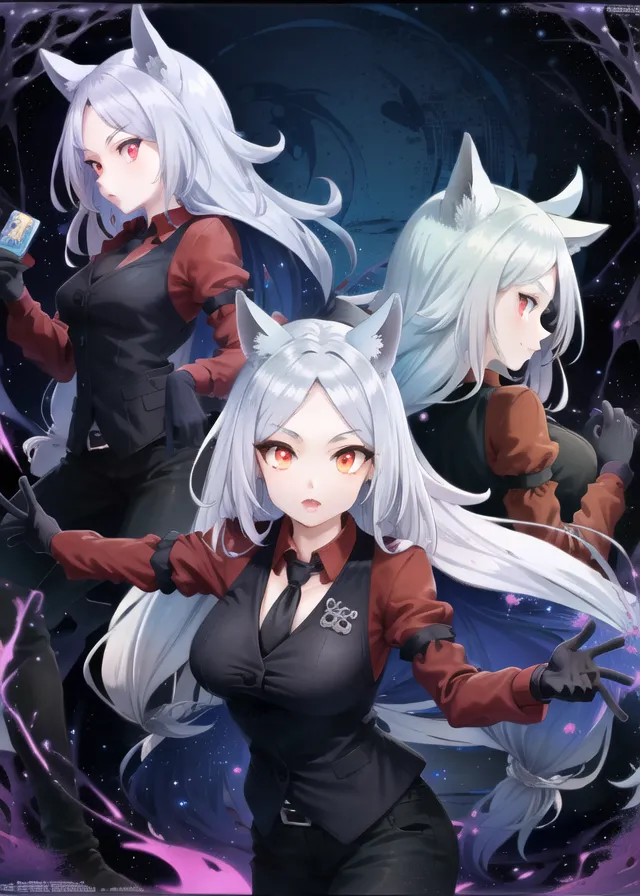 The image is of three anime-style girls with white hair and red eyes. They are all wearing black suits with red ties and have wolf ears and tails. The girl in the middle is holding a card. They are standing in front of a dark blue background with a starry night sky.