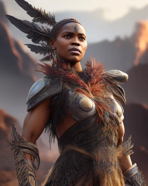 This image shows a muscular dark-skinned woman with short black hair and brown eyes. She is wearing a brown leather vest with fur trim and metal shoulder pads. She is also wearing a metal belt with a large buckle and a pair of brown leather boots. Her face is serious and determined. She is standing in a rocky, mountainous landscape with a large mountain in the background.