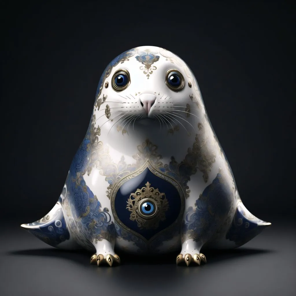 The image shows a white seal with blue and gold patterns all over its body. It is sitting on a dark surface with its flippers in front of it. The seal has big blue eyes and a small nose. There is a gold medallion with a blue eye in the center of its chest. The seal is made of porcelain and has a shiny, reflective surface.