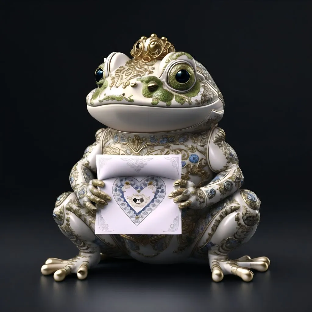 L'image montre un rendu 3D d'une grenouille avec une couronne sur la tête. La grenouille est assise sur une surface sombre et tient une carte avec une image en forme de cœur. La grenouille est blanche et verte avec des accents dorés et a un design très orné.