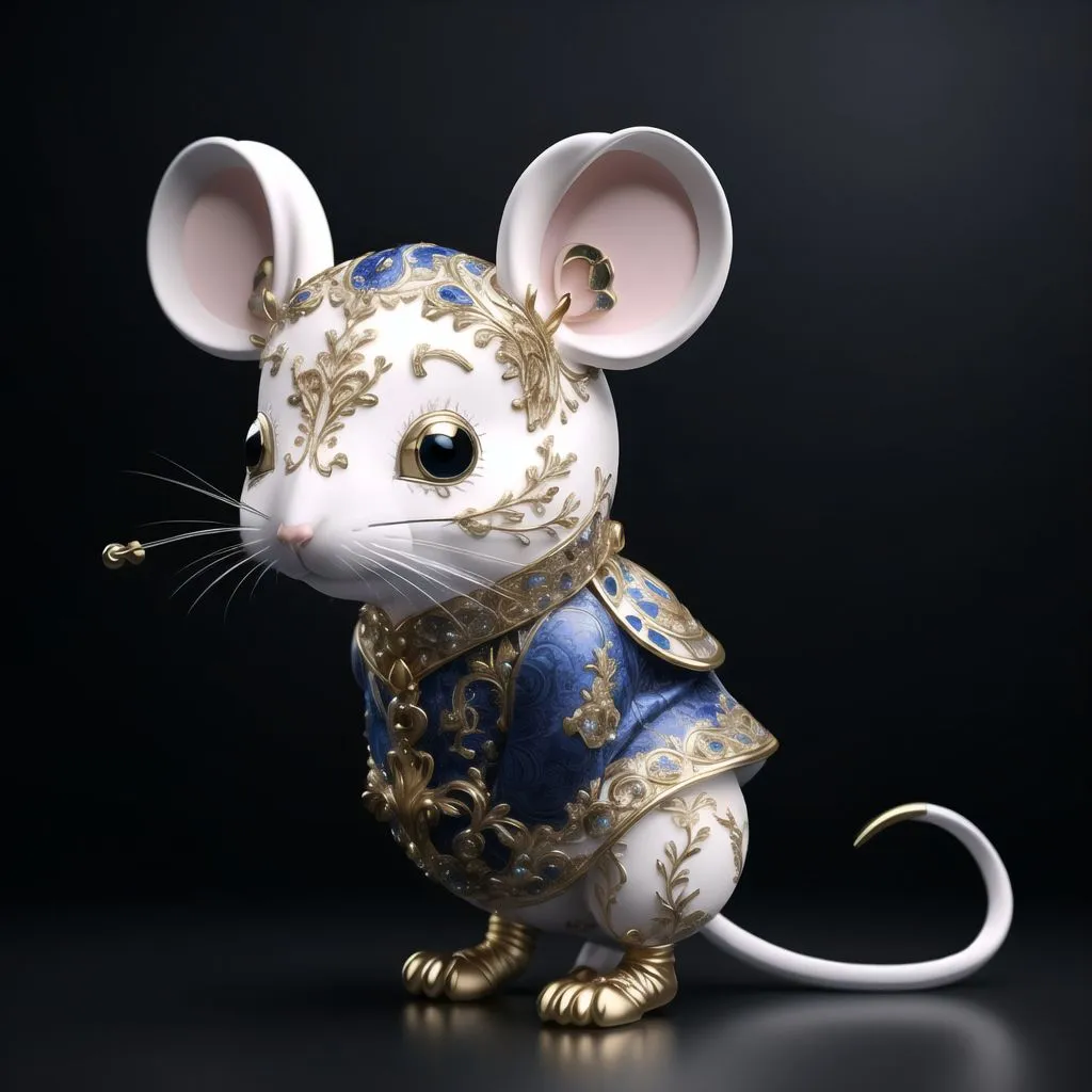 The image shows a 3D rendering of a white mouse wearing a blue and gold outfit. The mouse is standing on its hind legs and has its tail curled up on its right side. The mouse is looking to the left of the frame. The background is black.