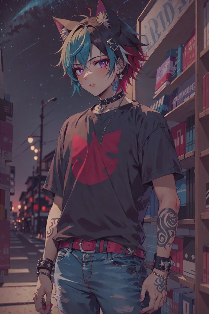 La imagen es de un chico de anime con orejas de gato. Tiene el cabello azul y rojo, y ojos morados. Lleva una camiseta negra con una mariposa roja, y pantalones vaqueros azules. También lleva mucha joyería, incluyendo un collar, pendientes y pulseras. Tiene tatuajes en los brazos. Está de pie frente a una estantería de libros, y hay una calle de la ciudad al fondo. La imagen está dibujada en un estilo realista, y los colores son vibrantes.