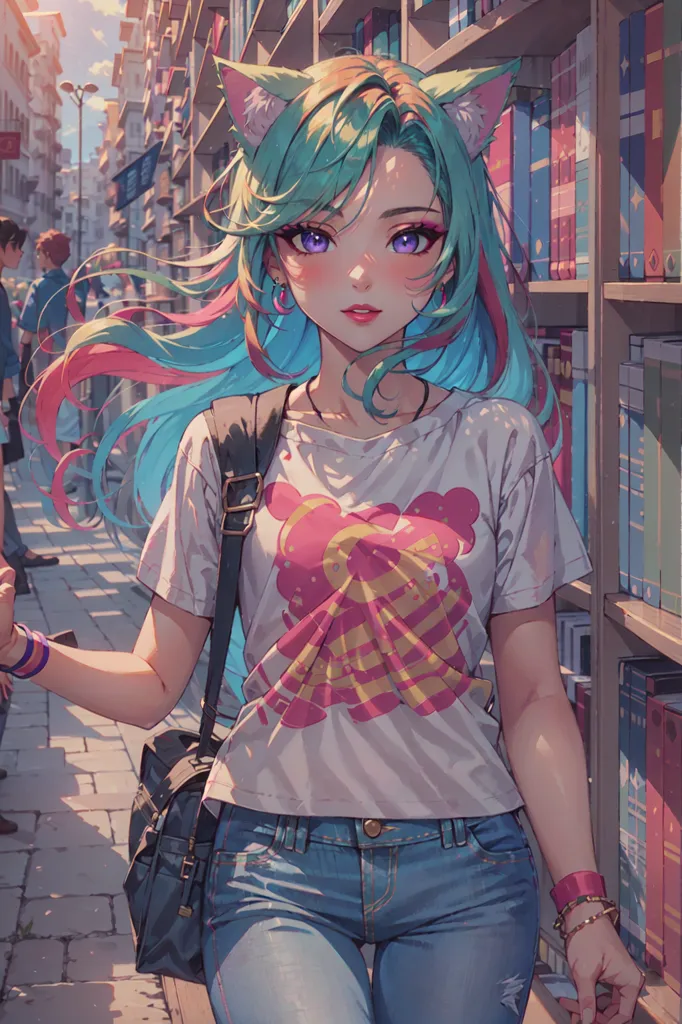 The image is a painting of a young woman with cat ears. She has long, green hair and purple eyes. She is wearing a white shirt, blue jeans, and a black bag. She is standing in a library, surrounded by bookshelves.