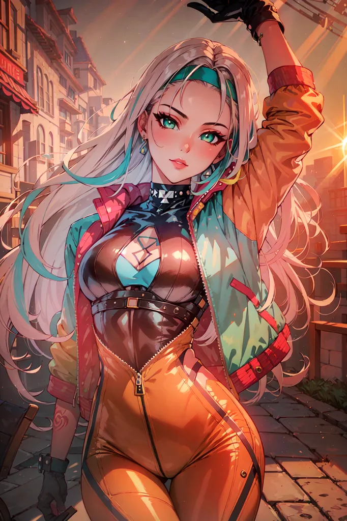 The image is of a beautiful anime girl with long white and green hair. She is wearing a yellow jacket, a black bodysuit, and black boots. She has green eyes and a confident expression on her face. She is standing in a city street with a building in the background. The sun is shining brightly, casting a warm glow over the scene.