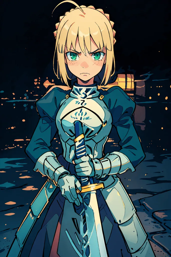 The image is of a young woman with short blonde hair and green eyes. She is wearing a blue and white dress with a white cape. She is also wearing a breastplate and gauntlets. She is holding a sword in both hands. She has a determined expression on her face. She is standing in a dark place with a city in the background.