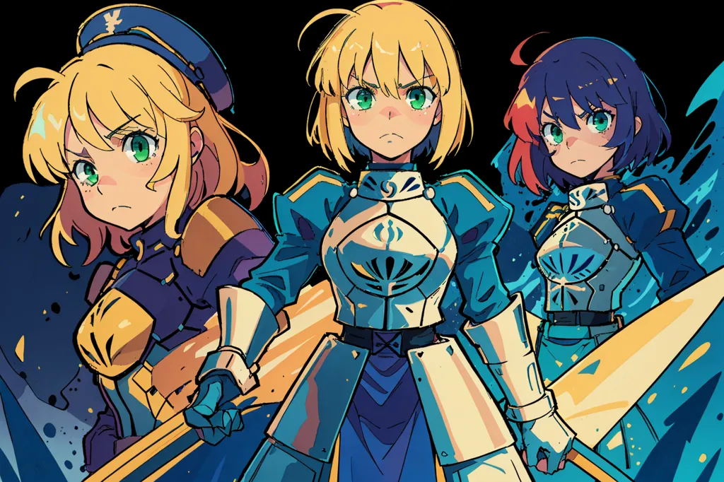 The image shows three female characters from the Fate series. They are all wearing armor and look like they are ready for battle. In the center is Artoria Pendragon, also known as Saber, the main character of the Fate/stay night visual novel and its adaptations. She is a blonde woman with green eyes and is wearing a blue and white dress. On the left is Artoria's rival, Gilgamesh, the King of Heroes. He has blonde hair and green eyes and is wearing a golden breastplate. On the right is the mysterious Lancer, who is a young woman with blue hair and green eyes. She is wearing a blue and white bodysuit.