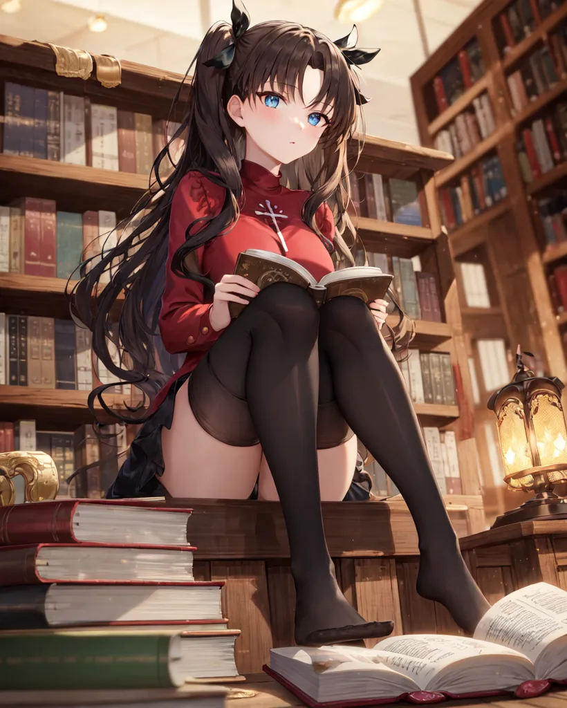 The image depicts a young woman with long, dark brown hair and blue eyes. She is wearing a red cheongsam-style dress with a white collar and black stockings. She is sitting on a stack of books in a library, reading a book. There is a lamp on the table next to her. The background is a blur of bookshelves.