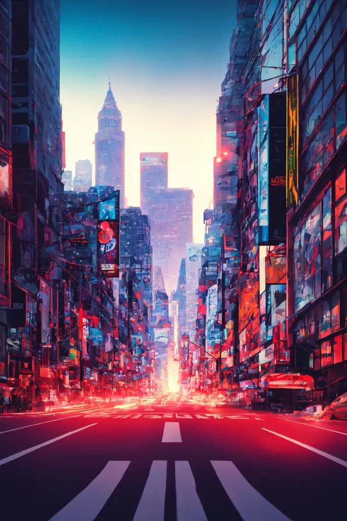 The image is a painting of a city street. The street is lined with tall buildings, many of which are covered in advertisements. There are cars and people on the street, and the sky is a bright orange. The painting is done in a realistic style, and the artist has used a variety of colors to create a vibrant and dynamic image.