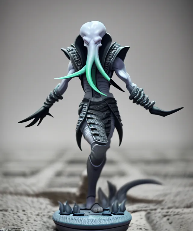 A imagem mostra uma miniatura de Cthulhu cinza e verde. Ela está em pé em uma pequena plataforma. A miniatura é bem detalhada, com muitos detalhes finos. A figura está em uma postura ameaçadora, com seus tentáculos espalhados e