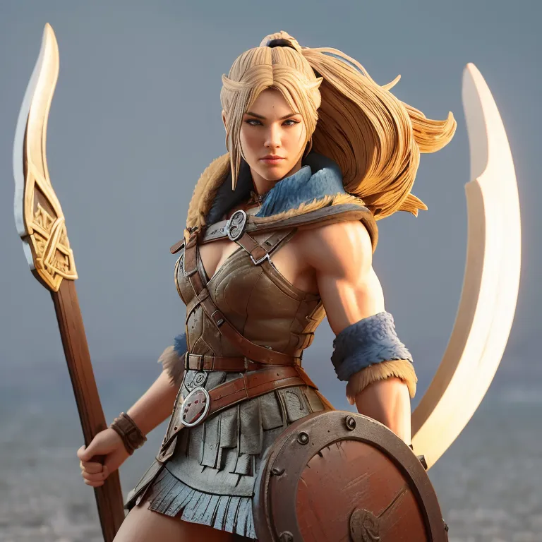 The image is of a tall, muscular woman with long blond hair and blue eyes. She is wearing a brown leather bikini top, a gray skirt, and a brown leather belt with a large circular buckle. She is also wearing a pair of fur-lined boots and a pair of bracers on her wrists. She is carrying a spear in her right hand and a shield in her left hand. The spear has a long, wooden shaft with a metal spearhead. The shield is made of wood and has a metal rim. The woman is standing in a confident pose, with her feet shoulder-width apart and her head held high. She is looking at the viewer with a determined expression on her face.