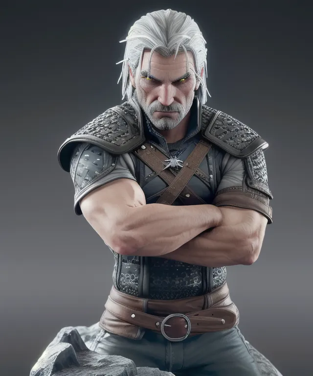 This image shows a man with a very muscular build, pale skin, and white hair. His eyes are yellow and his face is very angular. He is dressed in a black and gray outfit that looks like it is made of leather and metal. He is standing with his arms crossed and looks like he is ready for a fight.