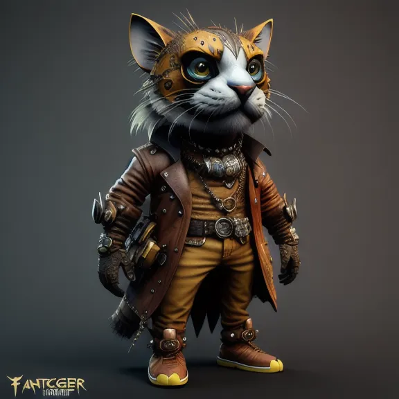 Gambar ini menunjukkan seekor kucing yang mengenakan pakaian bergaya steampunk. Kucing itu mengenakan jaket kulit coklat dengan banyak gesper dan tali. Dia juga mengenakan celana coklat dan sepatu coklat. Kucing itu memiliki ekspresi serius di wajahnya dan melihat ke samping. Dia memiliki ransel kecil di punggungnya dan sebuah buku terikat di ikat pinggangnya.